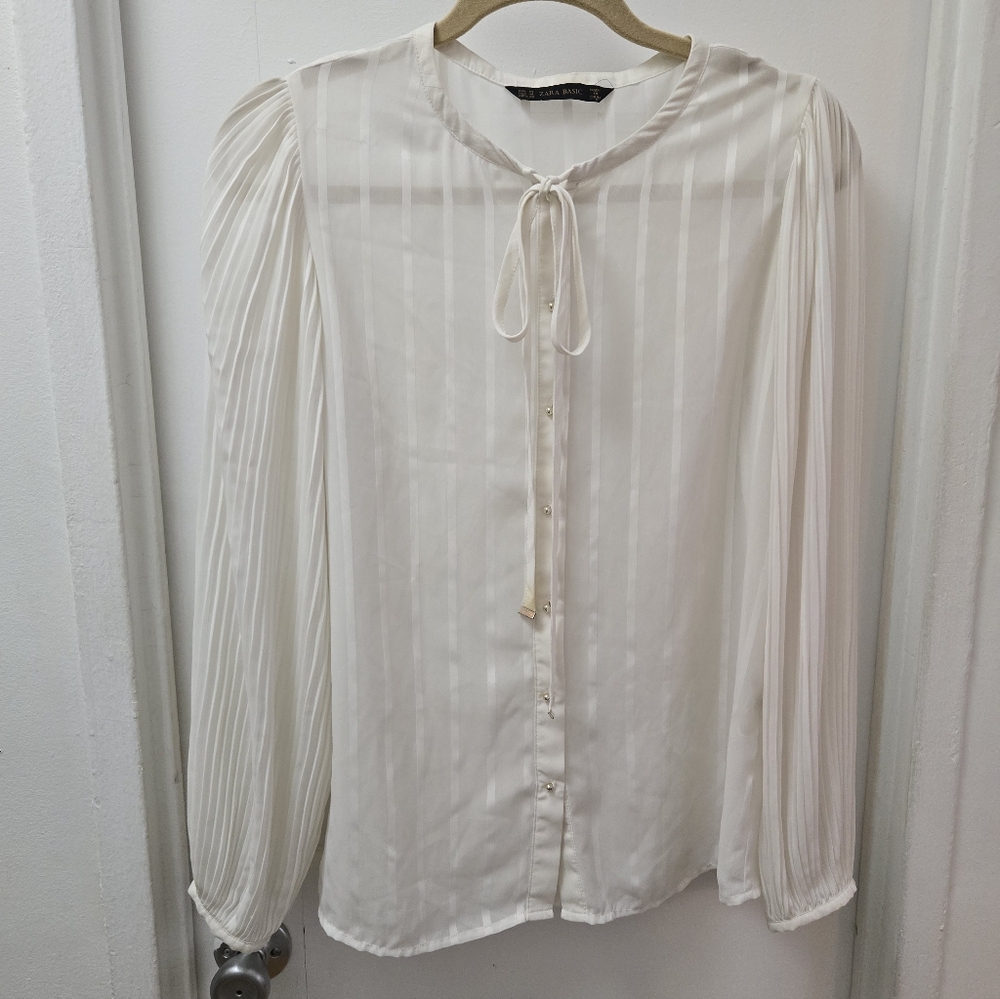 ZARA White Sheer Oversized Button Down Blouse Lightweight Long Sleeve Shirt M